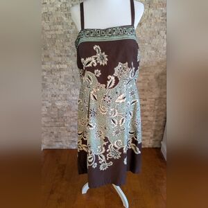 Chocolate Brown Turquoise Floral Paisley Midi Sun Summer Casual Dress Sz L/XL